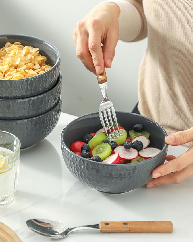HASENSE Soup Bowls, Cereal Bowls Set of 4, 26oz Embossed Stoneware Porcelain Cereal Bowls, Large Ceramic Soup Bowls for Cereal, Oatmeal, Fruit, Salad, Noodle, Microwave Dishwasher Safe, Gray