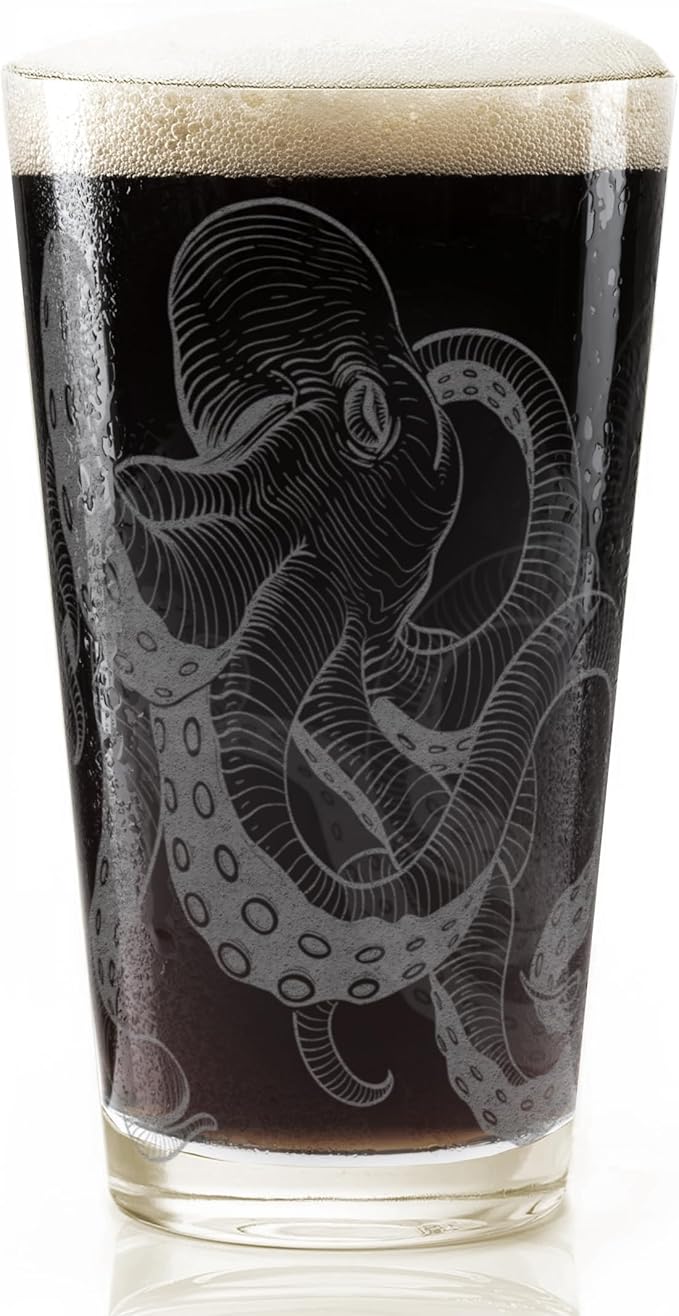 OCTOPUS Engraved Beer Pint Glass | Great Nautical Drinking Gift Idea for Ocean Marine Enthusiasts Divers Sea Creatures