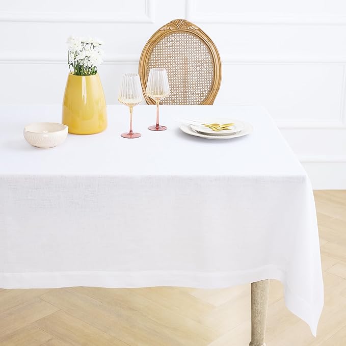 Solino Home White Linen Tablecloth 60 x 84 Inch - 100% Pure Linen Table Cloth for Rectangle Tables - Fete, Machine Washable Tablecloth for Winter, Valentines, Spring, Easter