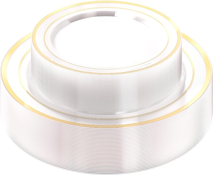 Quatish 60 Pcs Gold Rim Disposable Plastic Plates for Party,Wedding Plate Includes 30 Pes 10.25 Inch 30 Pes 7.5 Inch Heavy Duty Dinner & Dessert Plates, Perfect for Festivals,Picnics,in Clear