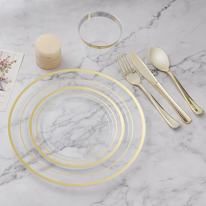 BESTVIP 50PCS Clear Gold Plastic Plates, 10.25 Inch Disposable Dinner Plate Party with Gold Rim, Heavy Duty Disposable Plastic Plates for Christmas, Thanksgiving, Party, Wedding and Birthday