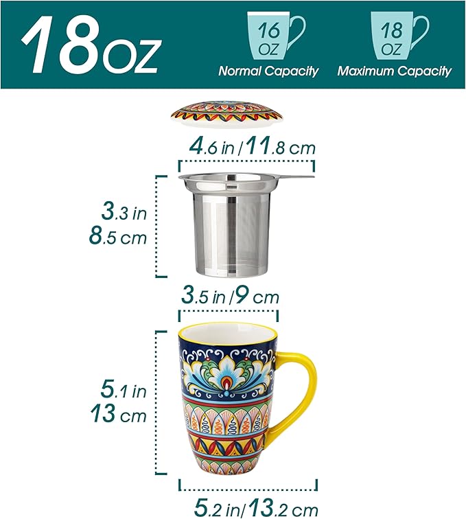 vancasso Ceramic Tea Mug with Infuser and Lid, 18 Ounce Bohemian Loose Leaf Cup, Microwave & Dishwasher Safe, Perfect for Tea, Coffee, Beige-Mustard Tribe