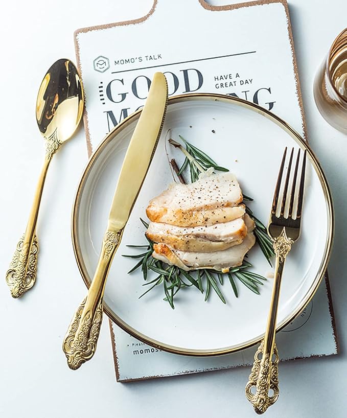 Gold Silverware Set for 16 Premium 18/10 Stainless Steel Flatware Set Palace Style 80 Piece Cutlery Tableware Utensils Embossed Decorative Handle Knives Forks and Spoons for Home Christmas Wedding