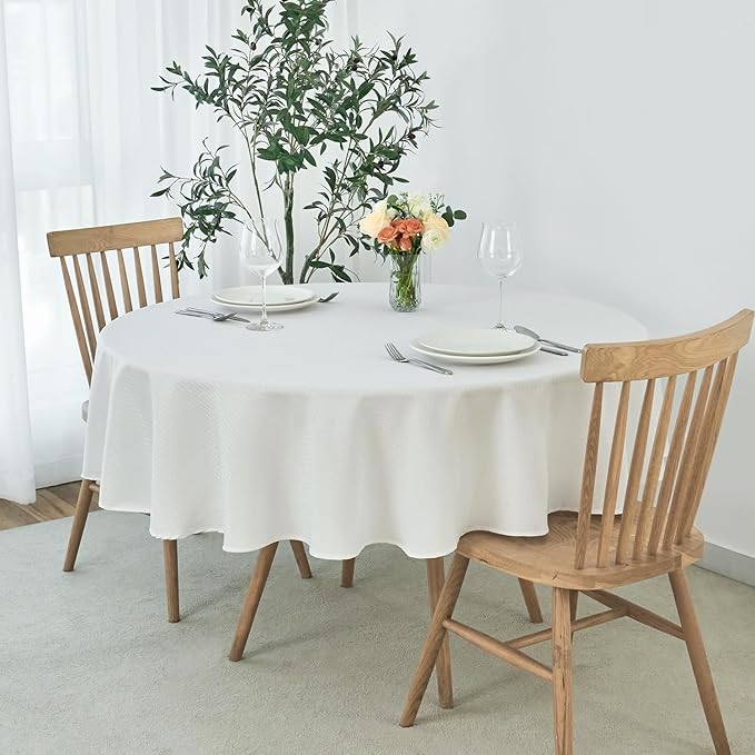 maxmill Round Weaved Texture Design Tablecloth Spill-Proof Wrinkle Free Soft Washable Table Cloth for Circular Table Cover, for Dining Room Buffet Banquet Parties Holiday Dinner, 70 Inch White