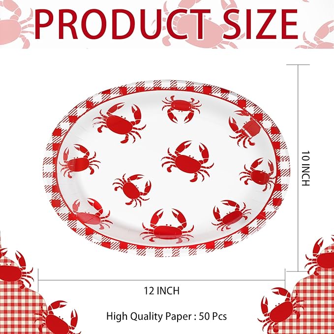 Grencian 50Pcs Crab Boil Oval Paper Plates 10"×12" Large Red Gingham Crab Party Plates Disposable Heavy Duty Summer Seafood Boil Party Supplies for BBQ Picnic Cookout Gathering Carnival Birthday Decor