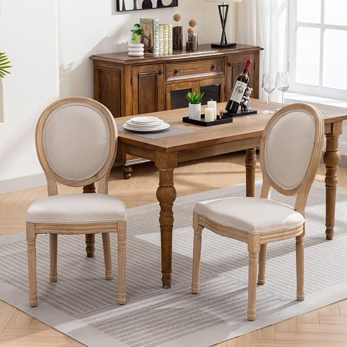 Vintage French Dining Chairs Set of 6, Round Back Accent Chairs with Linen Seat and Solid Wood Frame, Farmhouse Sillas de Comedor Upholstered for Dining Room & Kitchen, Beige
