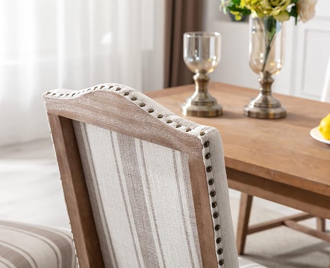 CIMOTA Mid Century Modern Dining Chairs Set of 4, Farmhouse Upholstered Dining Room Chairs Comfortable Kitchen Side Chairs with High Back/Natural Solid Wood Frame, Linen Brown/Beige Stripe