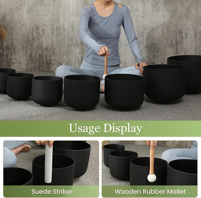 432HZ 6-12 Inch 7 Pcs Black Frosted Crystal Singing Bowl Set for Meditation Healing Yoga Chakra Quartz Crystal Sound Bowls with Heavy Duty Carry Cases and Rubber Mallet,Suede Striker,O-rings