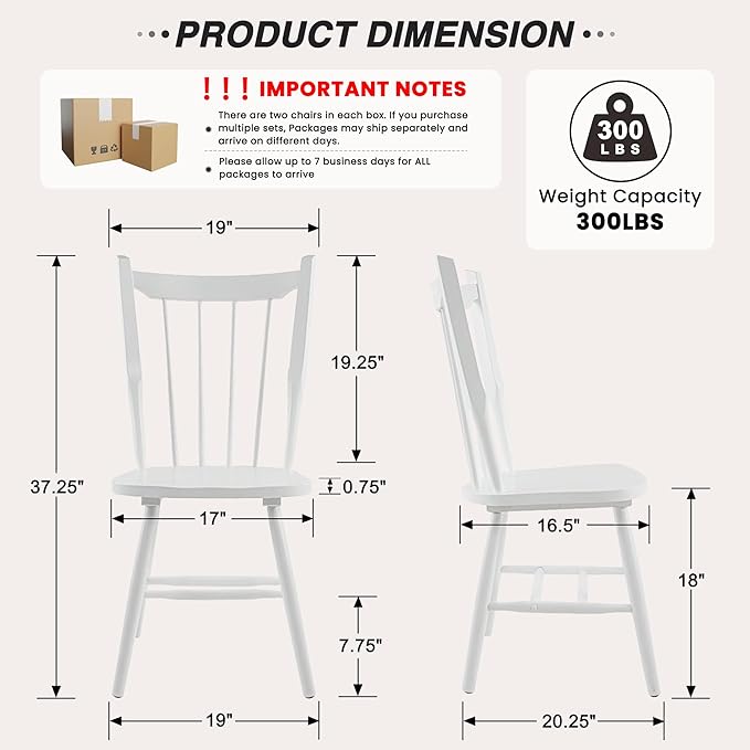 HNY White Windsor Dining Chairs Set of 4, Farmhouse Wooden Kitchen Chairs with Spindle Back, Mid Century Modern Armless Kitchen Side Chair for Dining Living Room Restaurant