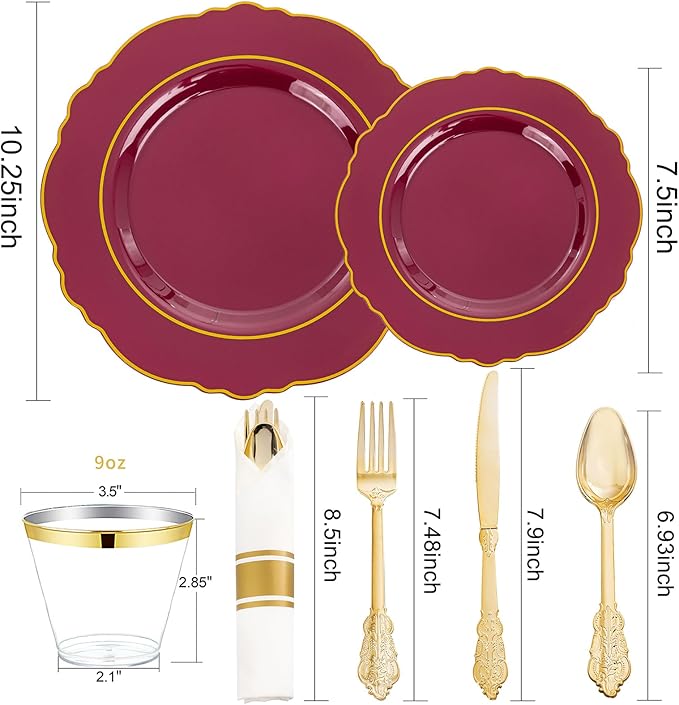 Liacere 350PCS Red Plastic Plates-Disposable Burgundy Red and Gold Plates 50guest Baroque Plastic Dinnerware include 100Plates, 50Pack Pre Rolled Napkins with Silverware 50Cups for Christmas