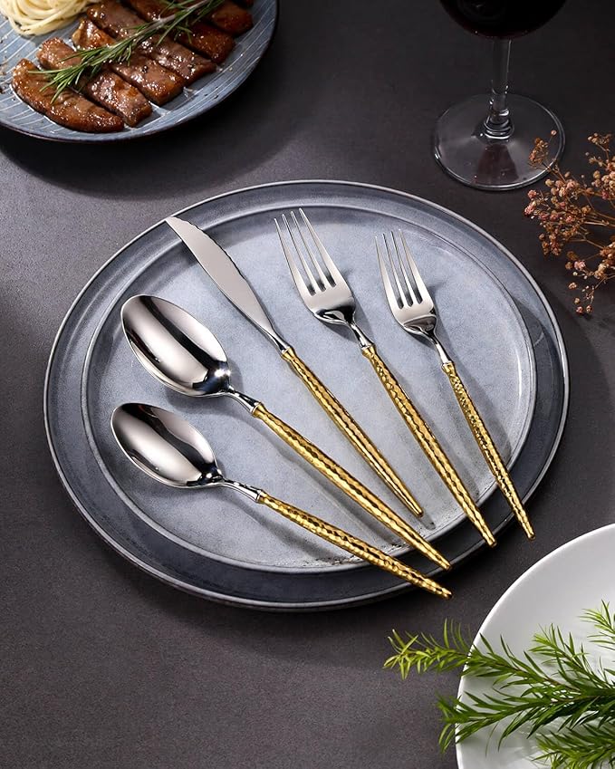 Lemeya 20-Piece Hammered Silver Gold Silverware Set,18/10 Stainless Steel Forging Heavy Duty Cutlery Set for 4, Luxury Unique Flatware Set,Spoons and Forks Set,Mirror Polished,Dishwasher Safe