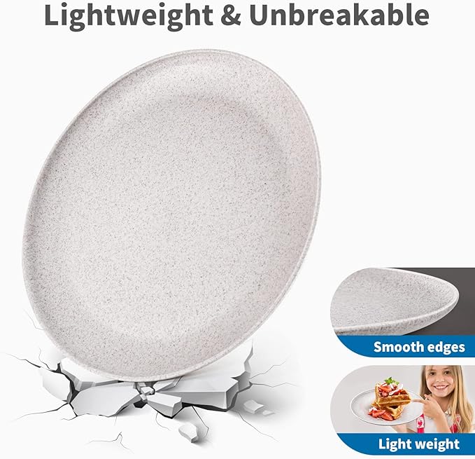 MISS BIG 10 inches Wheat Straw Plates,Plastic Plates Reusable Set of 4,Dinner Plates for Kids&Adults,Dishwasher & Microwave Safe,Eco-Friendly,BPA Free(Wheat White)