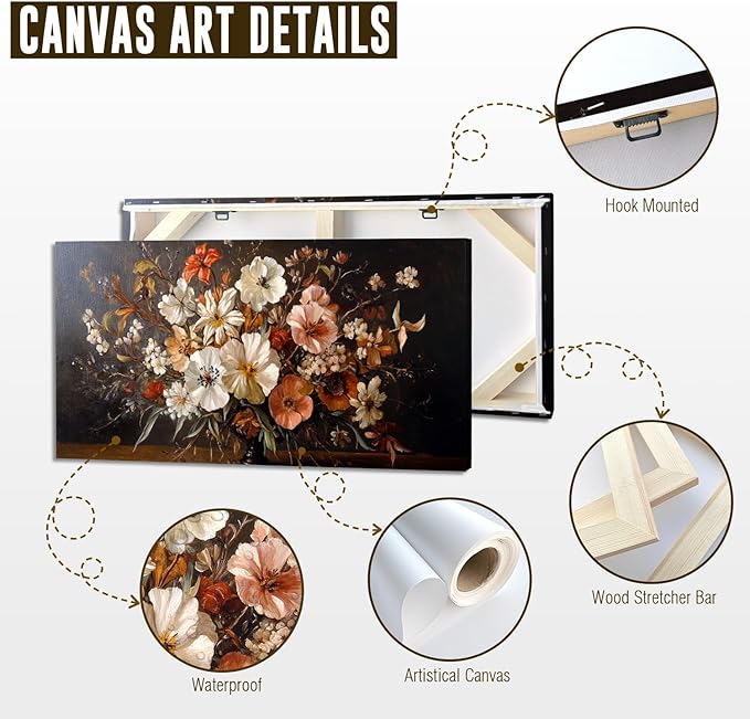 ADJUVANT Wall Art Vintage Floral Bouquet in Vase 40"L x 20"W, Flowers Canvas Painting Botanic Artwork Retro Blossoms Prints Graceful Floral Wall Decor for Living Room Bedroom Dining Room Home Office