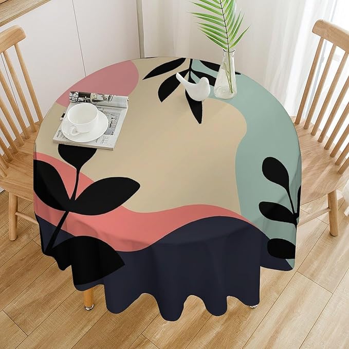 Medieval Bohemian Abstract Round Tablecloth, Mid Century Modern Leaves Geometric Tablecloth for Home Party Dining Room Kitchen Decor 50Inch(127cm)