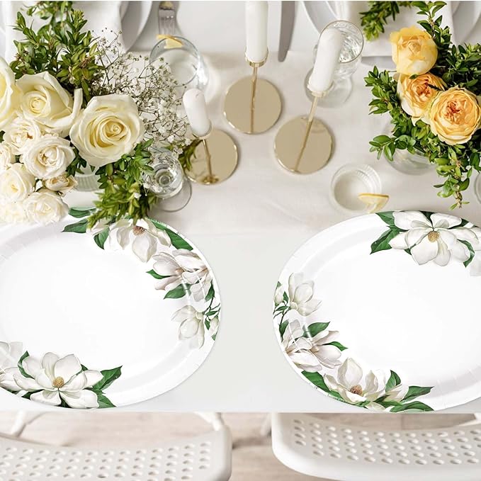 50 Pcs Magnolia Floral Oval Paper Plates Large 10"x12" White Magnolia Floral Plates Disposable Heavy Duty White Flowers Green Leaf Plates for Spring Wedding Bridal Shower Decor Birthday Party Supplies