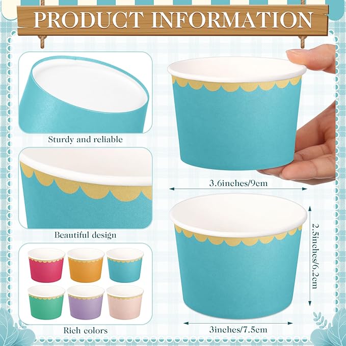 Zopeal 48 Pcs Colorful Disposable Ice Cream Bowls 9oz Candy Gradient Color Paper Snack Cups with Gold Scallop for Parties, Weddings, Baby Showers, Desserts, Yogurt, and Salads