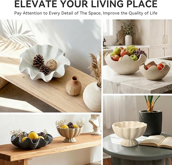 Pedestal Decorative Bowl Home Decor - Morden Handmade Decorative Fruit Bowl for Kitchen Counter, Chic Ruffle Bowl Centerpiece Decor for Dining Table Coffee Table (Starry Black