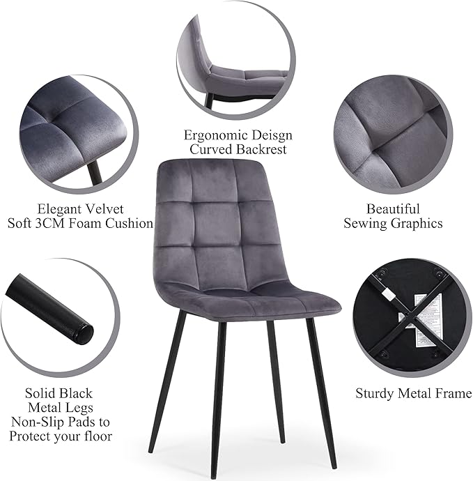 Round Kitchen Table and Chairs Set for 4, 37" Round Dining Table MDF Faux Wood Tabletop, Grey Velvet Dining Chairs Upholstered Side Chair with Back