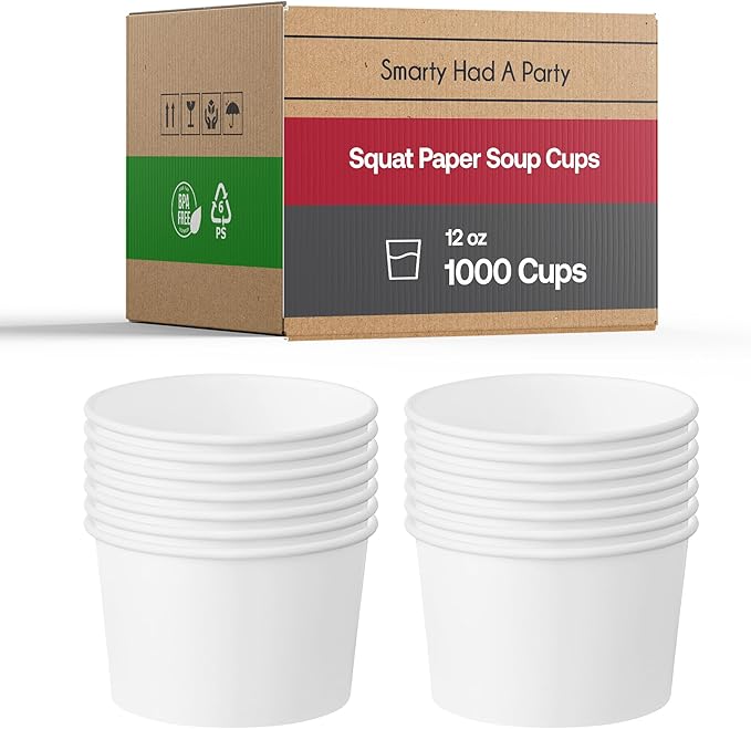 Smarty Had A Party 1000 Squat Paper Soup Cups 12 oz Disposable Paper Soup Cups for Hot Food and Takeout Container Use
