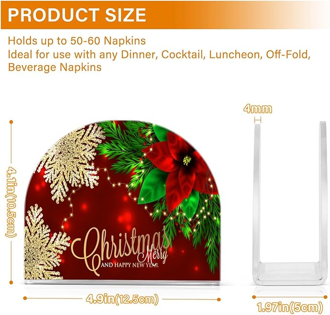 Napkin Holder Christmas Poinsettia and Snowflakes Crystal Clear Acrylic Napkin Holders Paper Napkin Holder Dining Table Dispenser for Kitchen Restaurant Home Decor Bar Accessories