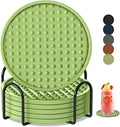 Coasters for Drinks 6 Pack Drinking Coaster with Holder,Heat Resistant Silicone Cup Mat Tabletop Protection,Non-Slip Rubber Coasters for Kinds of Cups (Green)
