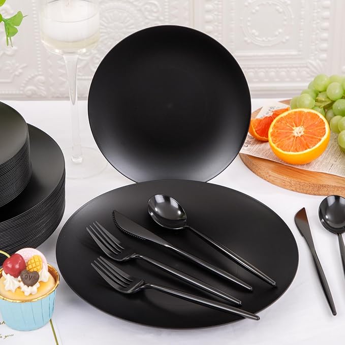 EI 150pcs Black Plastic Plates Frosted Plastic Plate,Premium Heavy Duty Black Plastic Plates,Black Disposable Plates with Plastic Silverware,10.25" Dinner Plates and 7.5" Dessert Plate Wedding Party