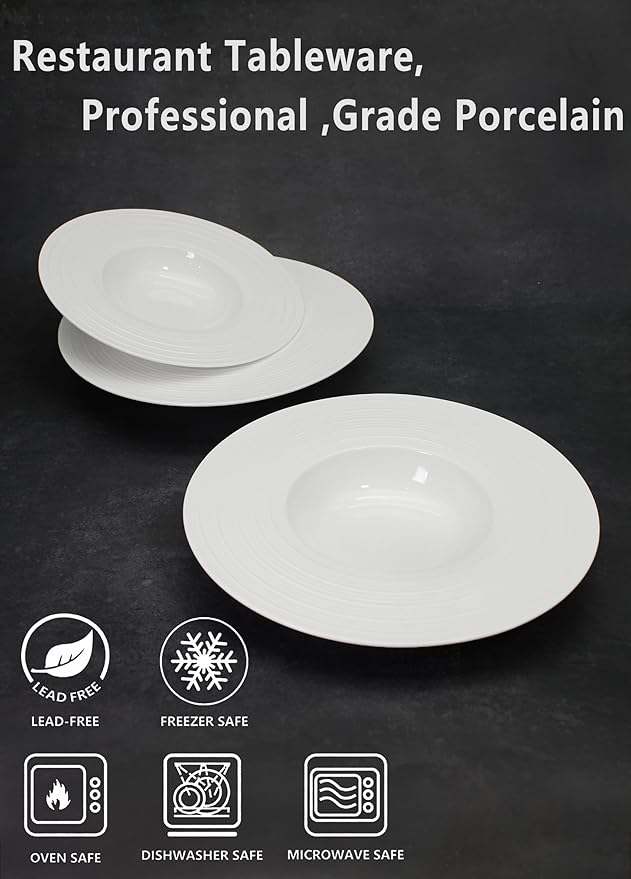 Ceramic Wide Rimmed Soup Plate, Soup Bowl 12 oz, Pasta Bowl Set of 4, White Shallow Bowl Plate with Rim, Best choice for high-end restaurants, hotels, and foodies,11.4 Inch Coil relief