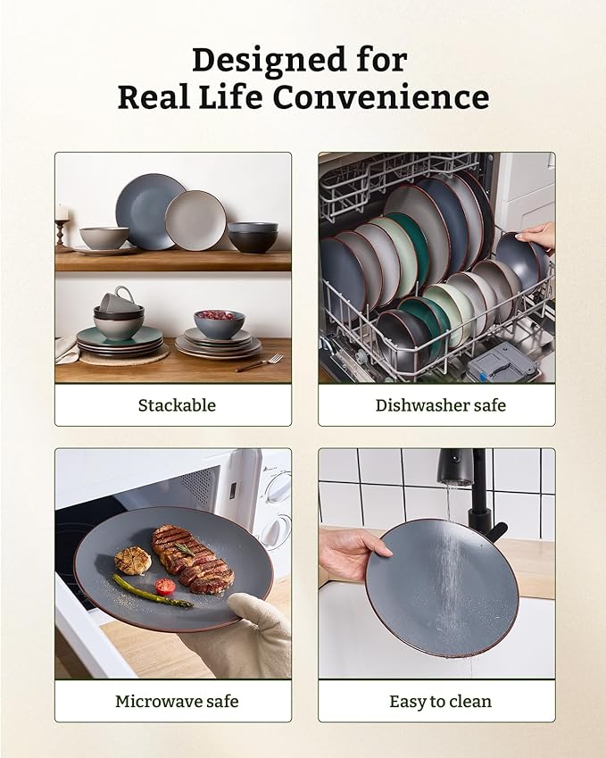 Famiware Venus Plates and Bowls Sets, 12 Pieces Stoneware Speckled Dinnerware Sets, Dishes Set for 4, Microwave and Dishwasher Safe, Matte Charcoal