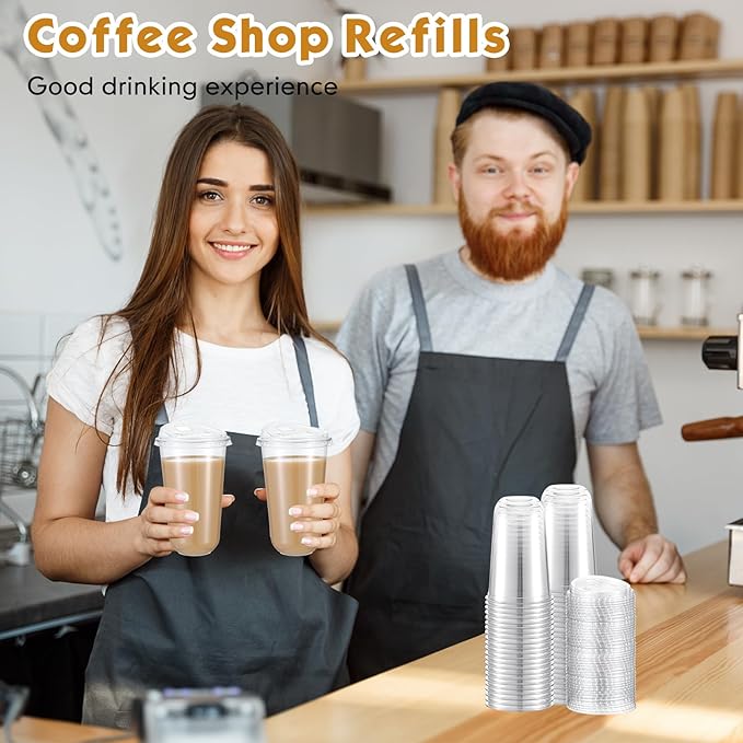 Baderke 50 Pcs Plastic Cups with Sip Lids Round Bottom Disposable Plastic Coffee Cups with Lids Clear Strawless Crystal Mugs for Iced Coffee Smoothie Cold Beverage Party Catering Supplies (18 oz)