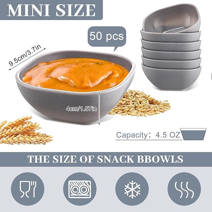 Gejoy 50 Pcs Wheat Straw Dipping Saucers Bowls 4.5 oz Unbreakable Small Soy Sauce Dishes Mini Prep Cups Dessert Snack Bowls Microwave Dishwasher Safe for Side Dish, Snacks, BBQ, Ketchup(Light Grey)