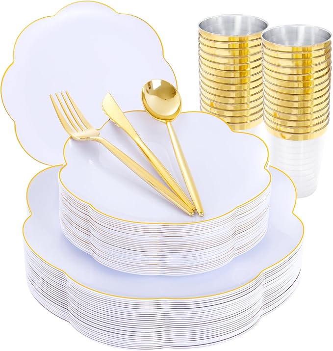 EI 180pcs White Plastic Plates with Gold Plastic Silverware,Heavy-Duty Disposable Plates for Party,White Dinnerware Set for 30 Guest Wedding,Birthday,Spring Afternoon Tea