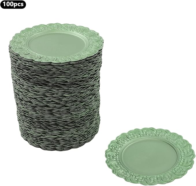 Charger Plates, 100pcs Green 13inch Plastic Dinner Plate, Round Plastic Dinner Plate with Delicate Texture for Parties Wedding (Green)