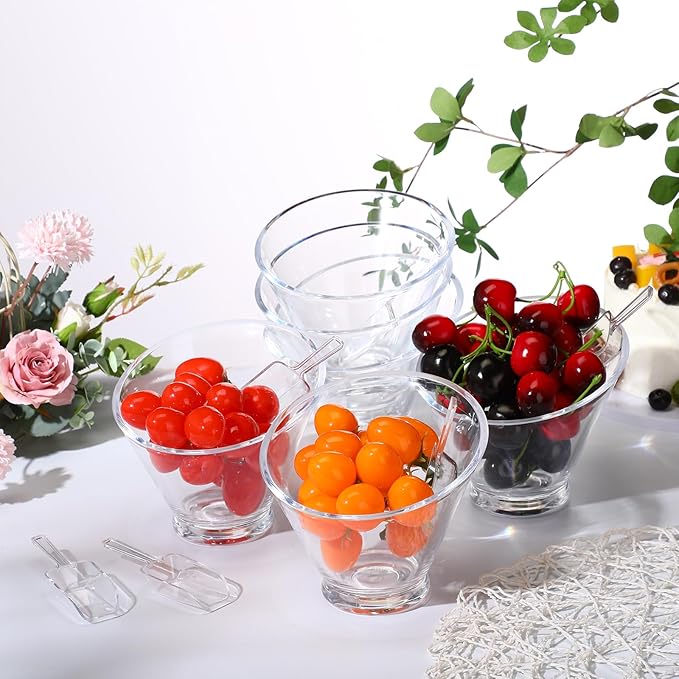 Sawysine 12 Pcs Acrylic Clear Serving Bowls with Plastic Kitchen Scoops Salad Serving Bowls Popcorn Scoops Angled Candy Bowl for Salad Cooking Parties(19 oz)