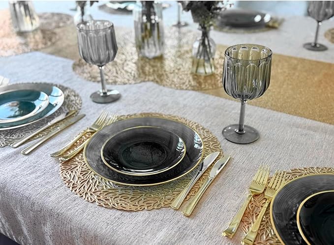 " OCCASIONS " 240 Pieces Pack,(120 Guests) Premium Wedding Party Disposable Plastic Plates Set -120 x 10'' Dinner + 120 x 7'' Salad/Dessert (Belize in Black & Gold)