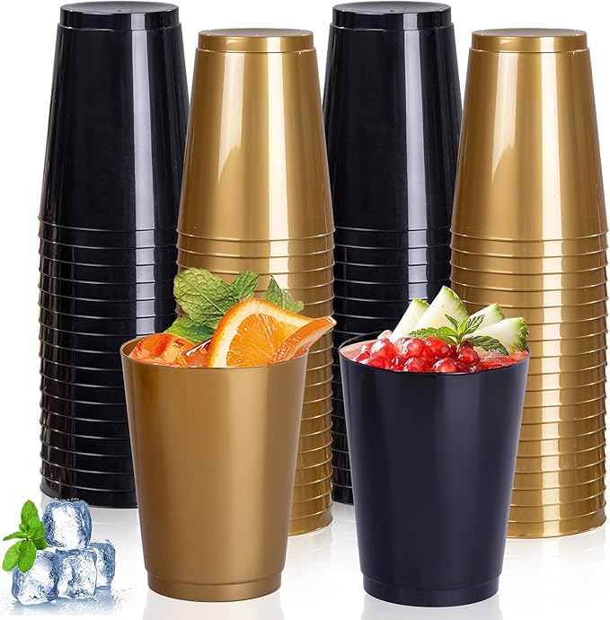 DaYammi 100 Pack Plastic Cups for Party- Disposable Gold Cups and Black Cup Include: 50 Black Plastic Cup, Gold Disposable cup for Party Supplies Festive Celebrations Wine Beer Beverage