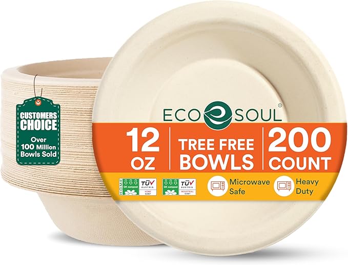 ECO SOUL 100% Compostable 12 Oz Soup Bowls [2 Packs of 100] Disposable Sturdy Bowls I Heavy Duty Paper Bowl I Eco-Friendly Salad Bowl I Biodegradable Small