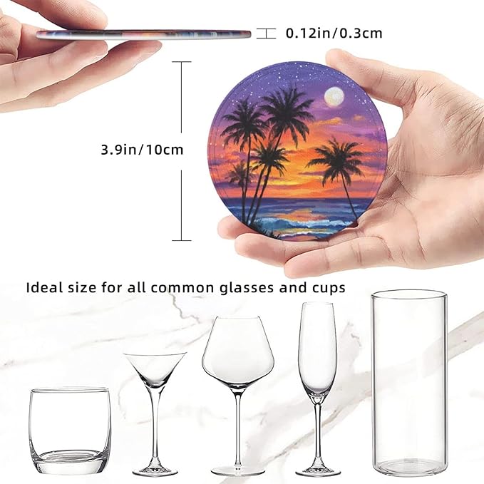 Sunset Beach Coasters for Drinks with Holder Round Leather Coasters Set of 6 Cups Mugs Mat Pad for Home Kitchen Bar
