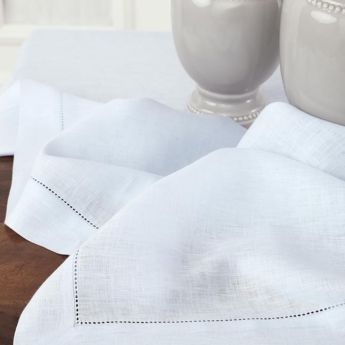 Solino Home Light Blue Linen Tablecloth 60 x 132 Inch - 100% Pure Linen Hemstitch Table Cloth for Rectangle Tables - Classic Hemstitch, Machine Washable Tablecloth for Spring, Easter