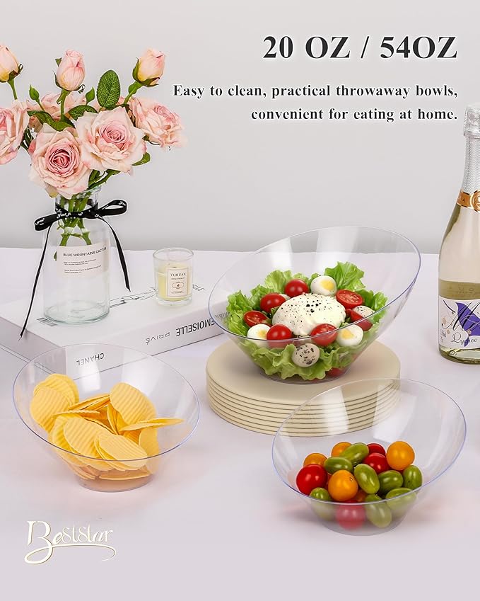 BESTSTAR 20OZ Plastic Clear Serving Bowls 8 Pack Angled Disposable Party Bowls for Chips, Salad, Fruit & Candy – Heavy Duty Clear Serving Bowls for Parties, Buffet, Catering, Wedding, Daily Use