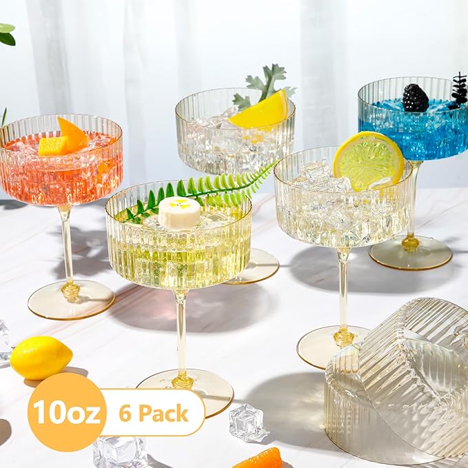 6 Pcs Ribbed Martini Glasses 10 oz Disposable Plastic Vintage Ribbed Coupe Glasses Unbreakable Dessert Parfait Glassware for Wedding Birthday Party Supplies (Gold)