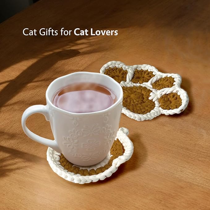 UMIRRO Handwoven Drink Coasters for Coffee Table, Cute Themed Gifts for Cat Lovers, Home Kitchen Decor for Room - Cat Butt & Paw Print, Set of 2