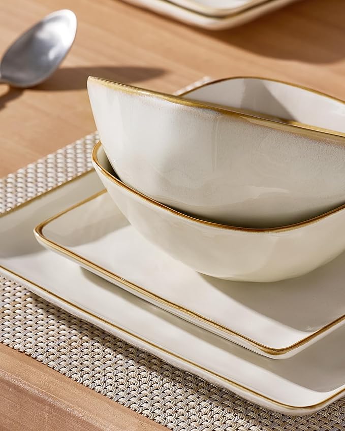 Famiware Dinnerware Sets for 4, Ocean Square 12-Piece Kitchen Plates and Bowls Sets, Microwave and Dishwasher Safe, Scratch Resistant, Vanilla White