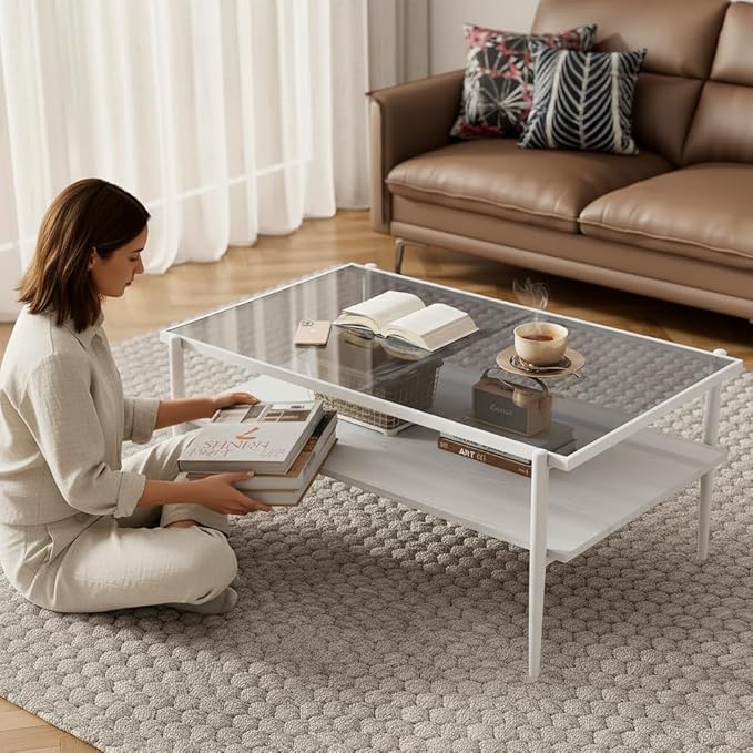 Mid Century Modern 2-Tier Coffee Table with Gray Tempered Glass Top & Wood Storage Shelf – Space-Saving Center Table for Living Room, Apartment & Small Spaces (White)