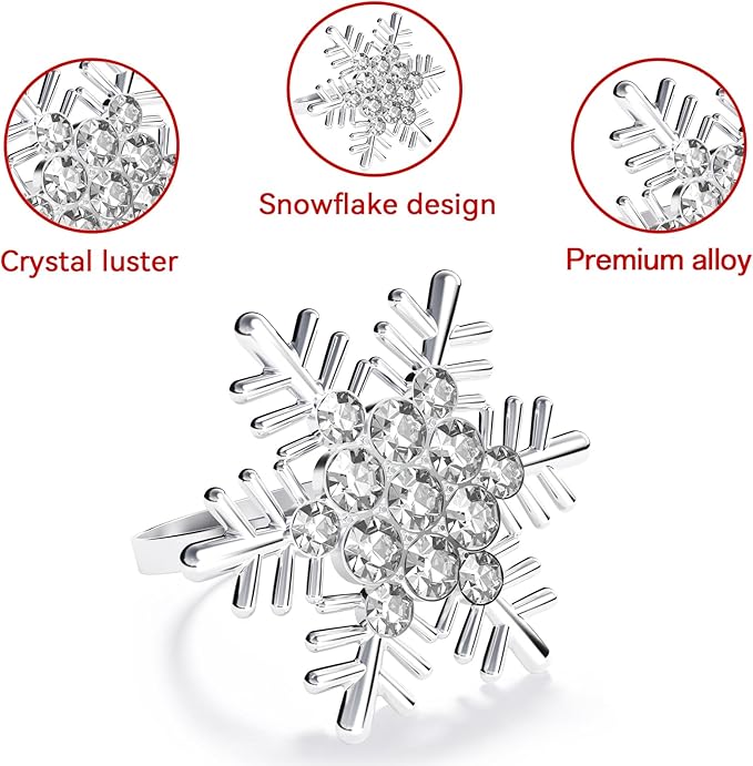 ZeeDix Christmas Silver Snowflake Napkin Rings Set of 6, Napkins Ring for Dinning Table - Rustic Dinner Tables Decoration for Wedding Receptions Christmas Thanksgiving Holiday Party Dinner Parties