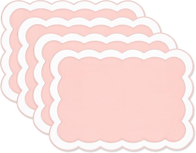 Hofdeco Premium Coastal Patio Indoor Outdoor Placemat Set of 4, 14"x19" Double-Layered, Waterproof Cloth Placemat for Kitchen or Dining Table. Blush Pink Embroidered Solid B