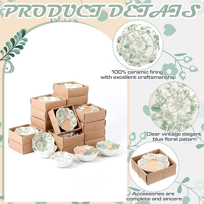 12 Pcs Wedding Favors for Guests Small Ceramic Bowl Bulk Gifts Set 3.3 Inch Floral Design Mini Dipping Sauce Dish with Card Box for Bridal Pooja Baby Shower Birthday Guest Gift (Sage Green)