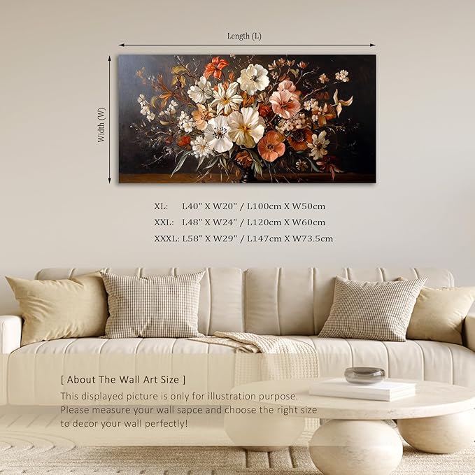 ADJUVANT Wall Art Vintage Floral Bouquet in Vase 60"L x 30"W, Flowers Canvas Painting Botanic Artwork Retro Blossoms Prints Graceful Floral Wall Decor for Living Room Bedroom Dining Room Home Office