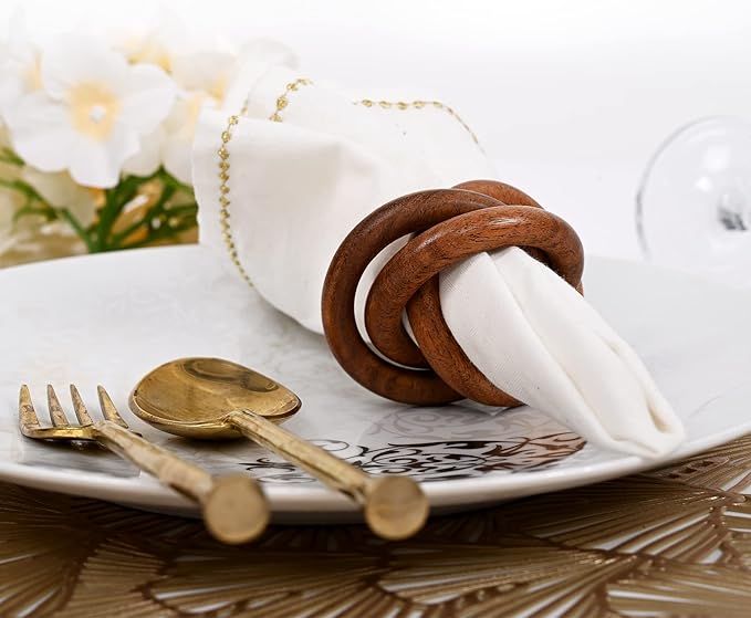 ALPHA Living HOME Wooden Napkin Rings Set of 12 - Handmade Mango Wood Napkin Holders - Rustic Serviette Rings for Dining Table, Wedding, Party & Holiday Decor - Elegant Tabletop Accessory (Brown)