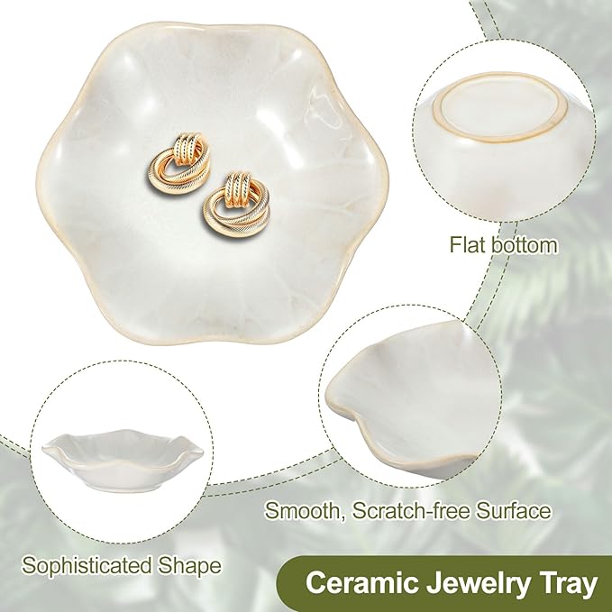 uxcell 2Pcs Ceramics Jewelry Plate, Lotus Leaf Shape Key Holder Bowl for Entryway Table Decor Small Ring Tray Dish Gift for Women Girlfriend, White