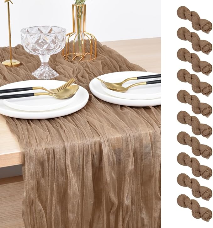 Joanlody Coffee Cheesecloth Table Runner Spring Easter 10Ft Rustic Gauze Boho Cheese Cloth Table Runner for Wedding Bridal Baby Shower Decoration 10 Pack